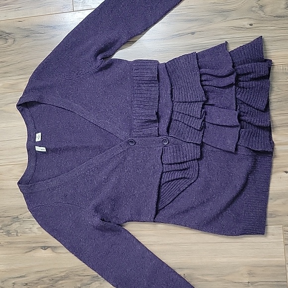 Anthropologie Moth Purple Wool Asymetrical Ruffle Button Up Cardigan - Picture 6 of 15